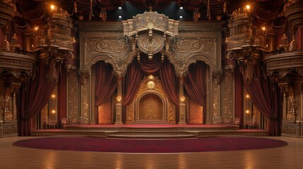 Obraz premium A royal-themed stage with intricate carvings, plush burgundy carpets, and elegant lighting, creating a majestic atmosphere
