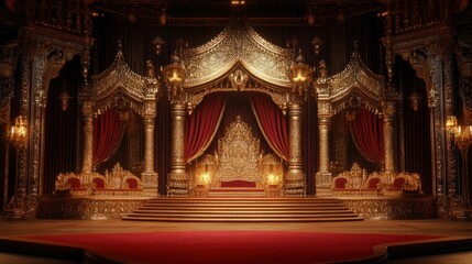 Obraz premium A royal-themed stage with intricate golden carvings, plush red carpeting, and a spotlight, ready for a regal event