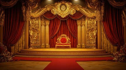 Fototapeta premium A royal-themed stage with intricate golden carvings, plush red carpeting, and a spotlight, ready for a regal event