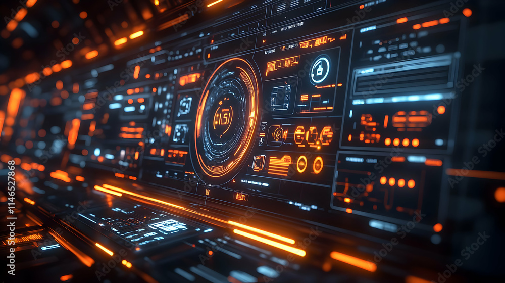 Aufkleber futuristic digital interface with glowing elements and data displays.
