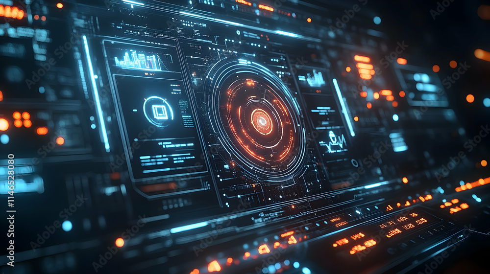 Poster futuristic digital interface with glowing elements and data visualization.