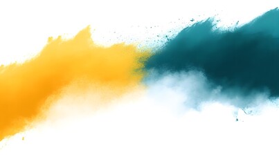 Fototapeta premium Powder splash with yellow and blue on white backdrop.