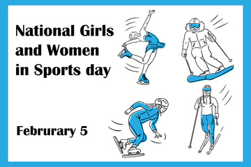 National Girls and Women in Sports Day banner with illustrations of female athletes skiing, skating, and performing figure skating on white background with blue border. Vector hand drawn illustration