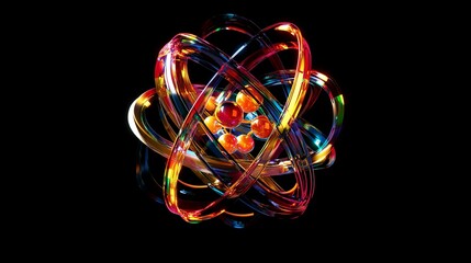 Abstract atom model; vibrant, colorful, glossy rings.
