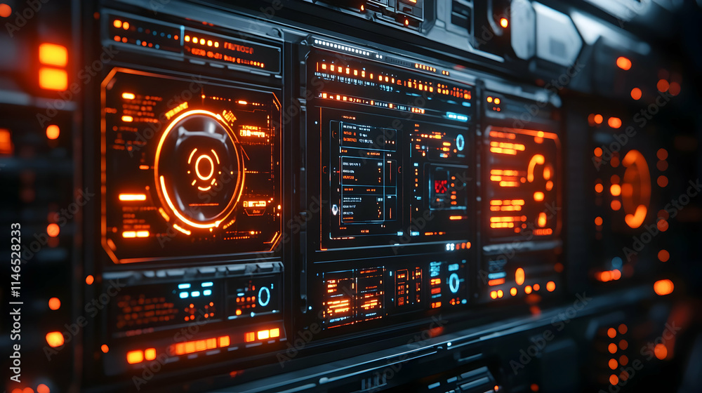 Poster futuristic control panel with glowing interfaces and data displays.