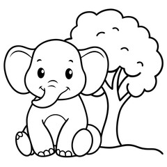 Black and white illustration of  a baby elephant