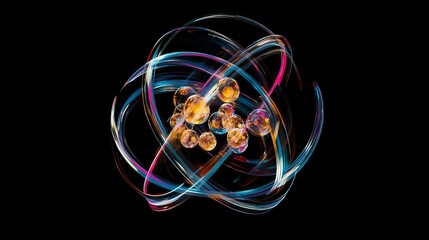 Abstract artwork: glowing orbs, swirling lines, dark background.