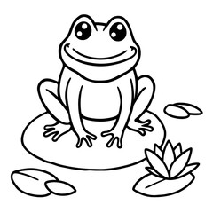 Black and white illustration of a cheerful frog