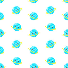 Blue kids kawaii planets vector seamless pattern. Galaxy, space, universe. Background, print, fabric