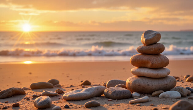 Balanced stones stack on sandy beach, tranquil mood, sunset over the ocean, Valentine's Day, Heart Health Month