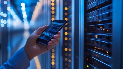 Hand Holding Smartphone in Data Center Server Room