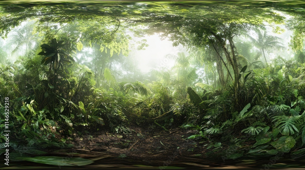 Poster lush, misty jungle scene with dense vegetation and soft light filtering through the canopy.