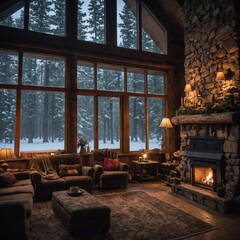 A cozy trivia contest in a rustic cabin in the woods, with a fireplace crackling, and snow gently falling outside the large glass windows.