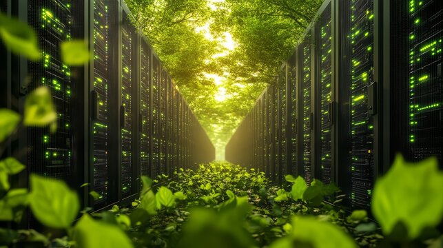 Green Data Center with Servers and Lush Leaves