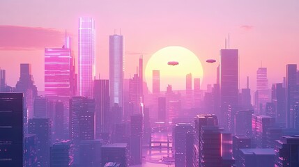 Fototapeta premium Neon Cityscape Sunset: A mesmerizing blend of vibrant hues paints the sky above a futuristic cityscape. The setting sun casts a warm glow on towering skyscrapers adorned with neon lights.