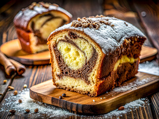 Delicious chocolate and vanilla marble cake, dusted with powdered sugar. Tasty Food background