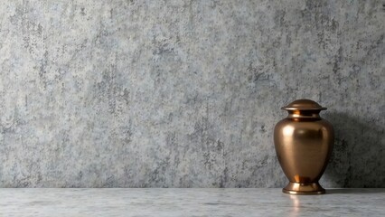 Elegant bronze urn on marble surface against textured gray wall