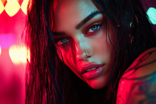 Striking portrait of a captivating tanned model with piercing blue eyes illuminated by vibrant neon lights