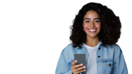Smiling woman holding smartphone with transparent background for digital use
