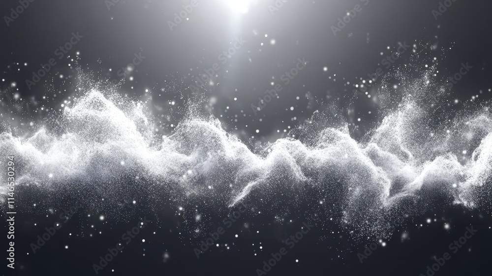 Poster abstract design of white powder with sparkling particles against a dark background for artistic use 