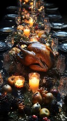 Christmas table setting with candles, plates and cutlery. Festive background