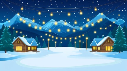 Fototapeta premium Abstract Winter Landscape Illustration with Christmas Lights and Snow-covered Houses in a Scenic Mountain Setting