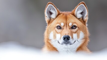 Red fox-like dog in snow, portrait.