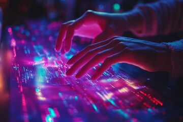 A close-up of hands typing on a vibrant, illuminated keyboard with colorful lights.