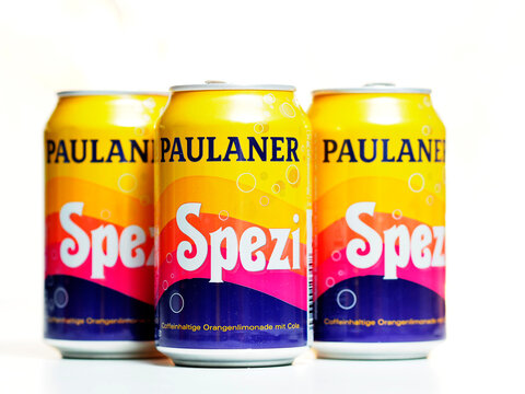 In this photo illustration, can of soft drink Paulaner Spezi.