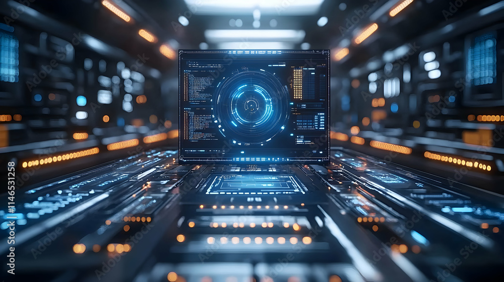 Poster futuristic interface with glowing elements in a tech-inspired environment.