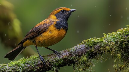 Fototapeta premium Vibrant orange bird perched on mossy branch in rain.