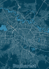 A detailed map of Bucharest, Romania, rendered in a minimalist style. The map features a dark blue background with white lines representing streets and roads.