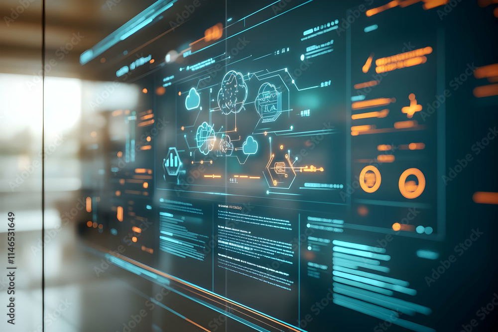 Poster a futuristic digital interface displaying data analytics and artificial intelligence concepts.