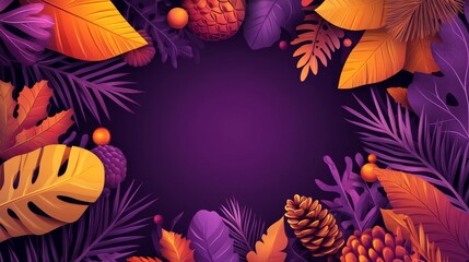 Fototapeta premium Vibrant Seasonal Illustration Featuring Colorful Leaves and Pine Cones for Christmas and New Year Celebrations
