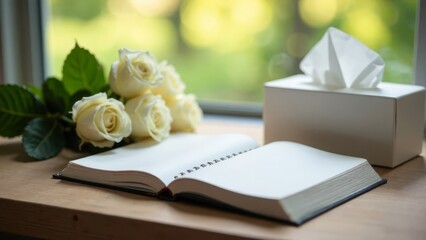 Open book and white roses on wooden table beside tissue box with nature background
