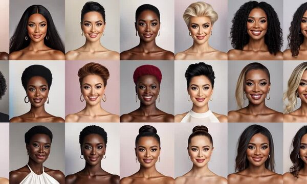 Happy young multiethnic ladies smiling at camera, collection of closeup portraits, collage in square shape. beautiful collage multiracial women