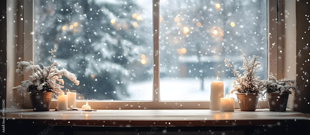 Poster empty table and winter window in background