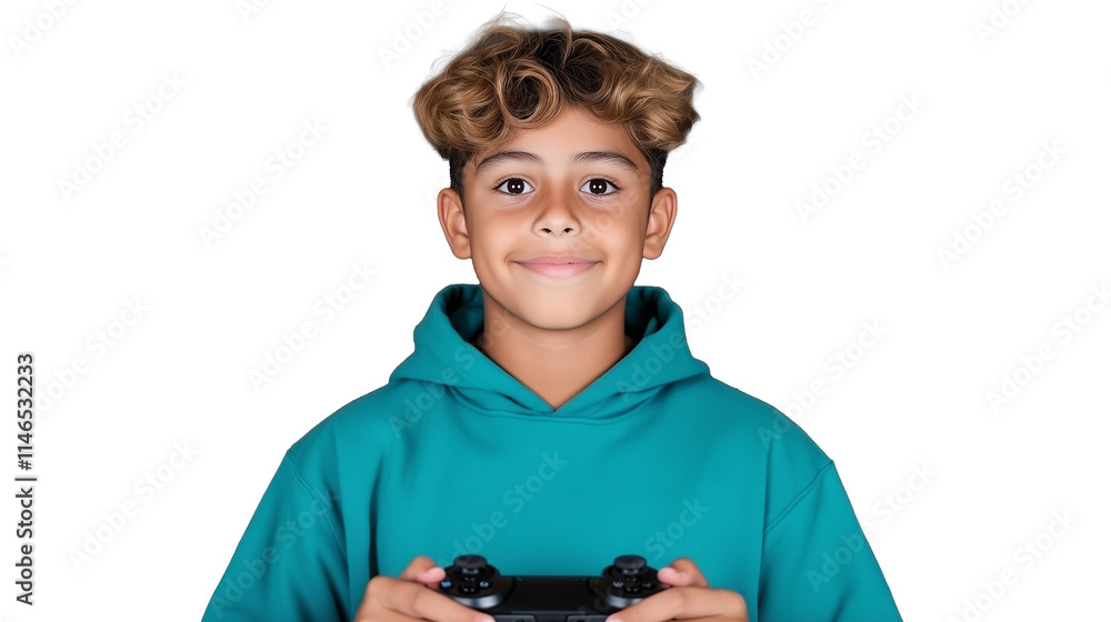 Poster child smiling while holding game controller with transparent background