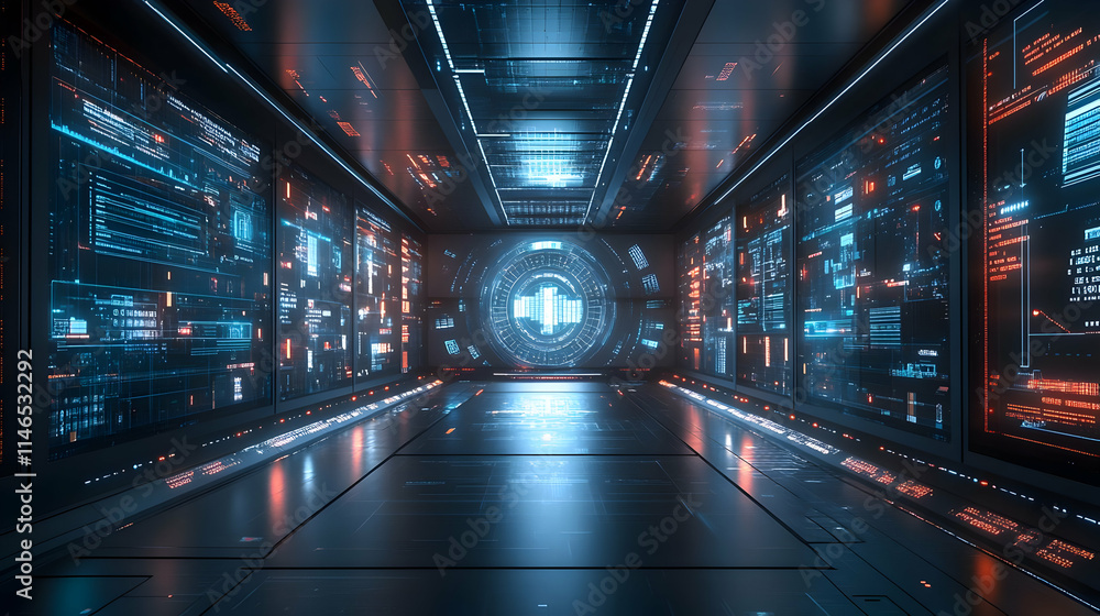 Poster a futuristic corridor with glowing interfaces and a central portal.