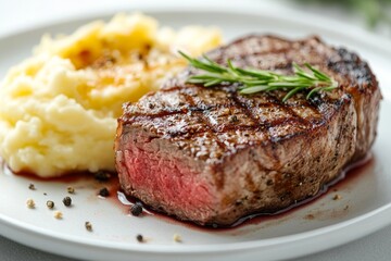 A grilled steak served with creamy mashed potatoes and garnished with rosemary.