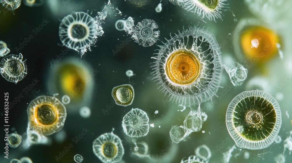 Poster Microscopic view of microorganisms showcasing diverse shapes and structures in a fluid environment.