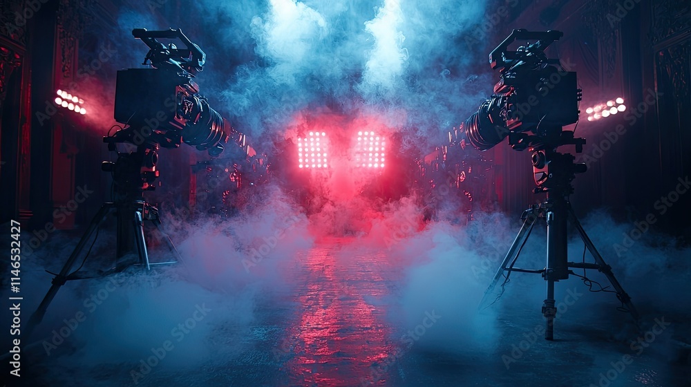 Aufkleber a dramatic scene with cameras and lights, creating an atmospheric setting for filming.