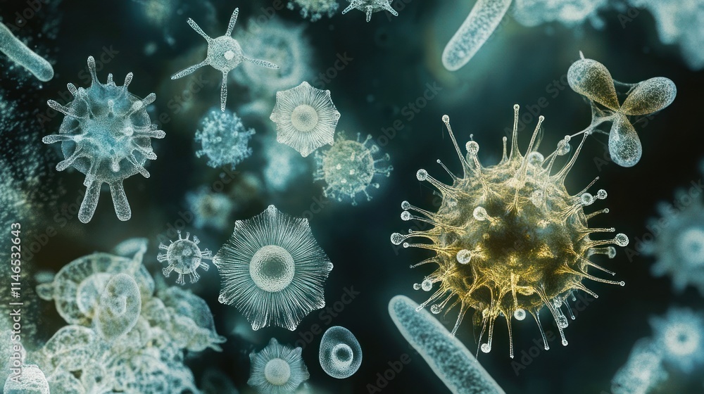 Poster Microscopic view of various microorganisms and cells in a scientific context.