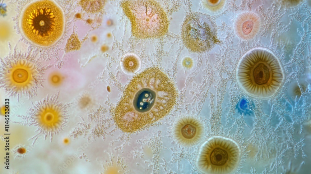 Aufkleber Microscopic view of various microorganisms displaying diverse shapes and colors.