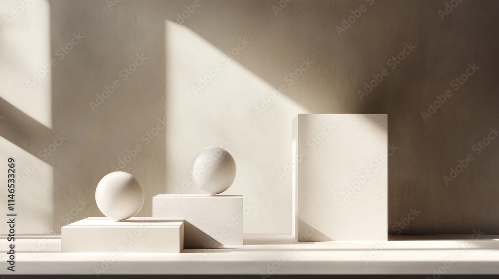 Poster minimalist composition of geometric shapes casting shadows in soft light.