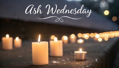 Blurred candles on dark background with softly glowing, flickering 'Ash Wednesday' text in candlelight style