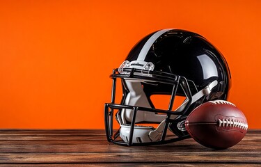 Naklejka premium Black Football Helmet and Ball on Wooden Table with Orange Background, AI generated illustration.