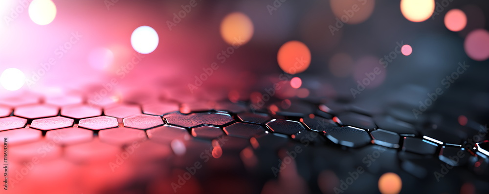 Poster abstract hexagon pattern on a dark surface with glowing light and bokeh. technological background co