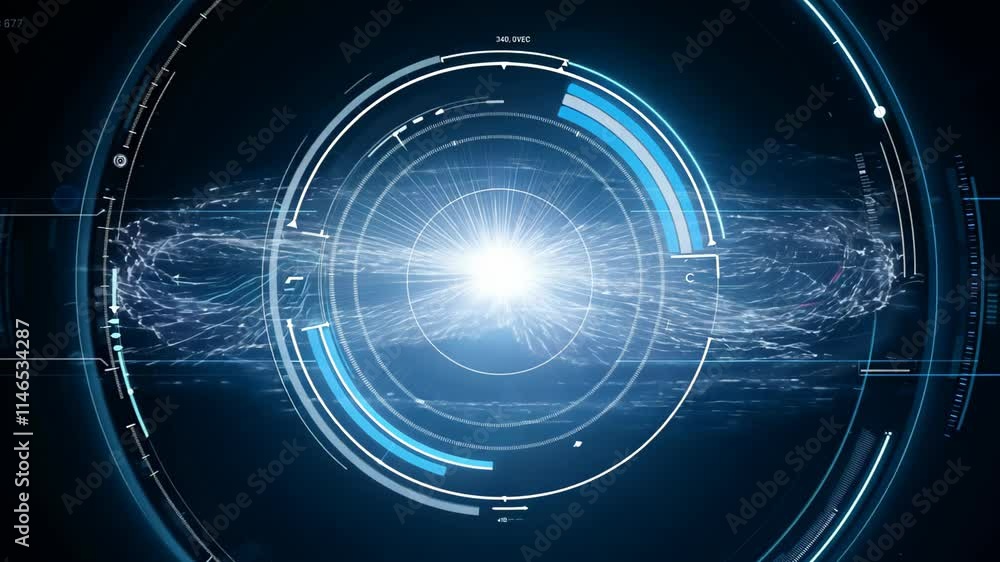 Poster exploring futuristic elements with digital graphics and vibrant circular animations in a dark enviro