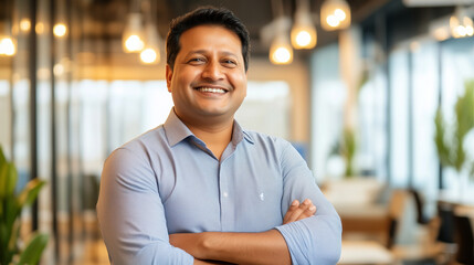 Fototapeta premium With his arms crossed and a big smile on his face, a handsome Indian man in a smart casual shirt stands confidently in a sleek coworking space. His laughter and positive energy mak